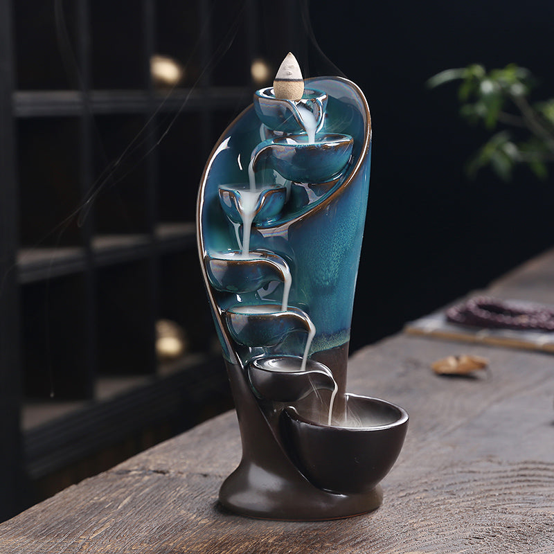 Bruciatore Incenso A Cascata Backflow In Ceramica – Forma Doppio Pesce Blu – Completo Di 30 Coni, 30 Bastoncini, Pinze E Cuscino – Regalo Aromaterapia - 4